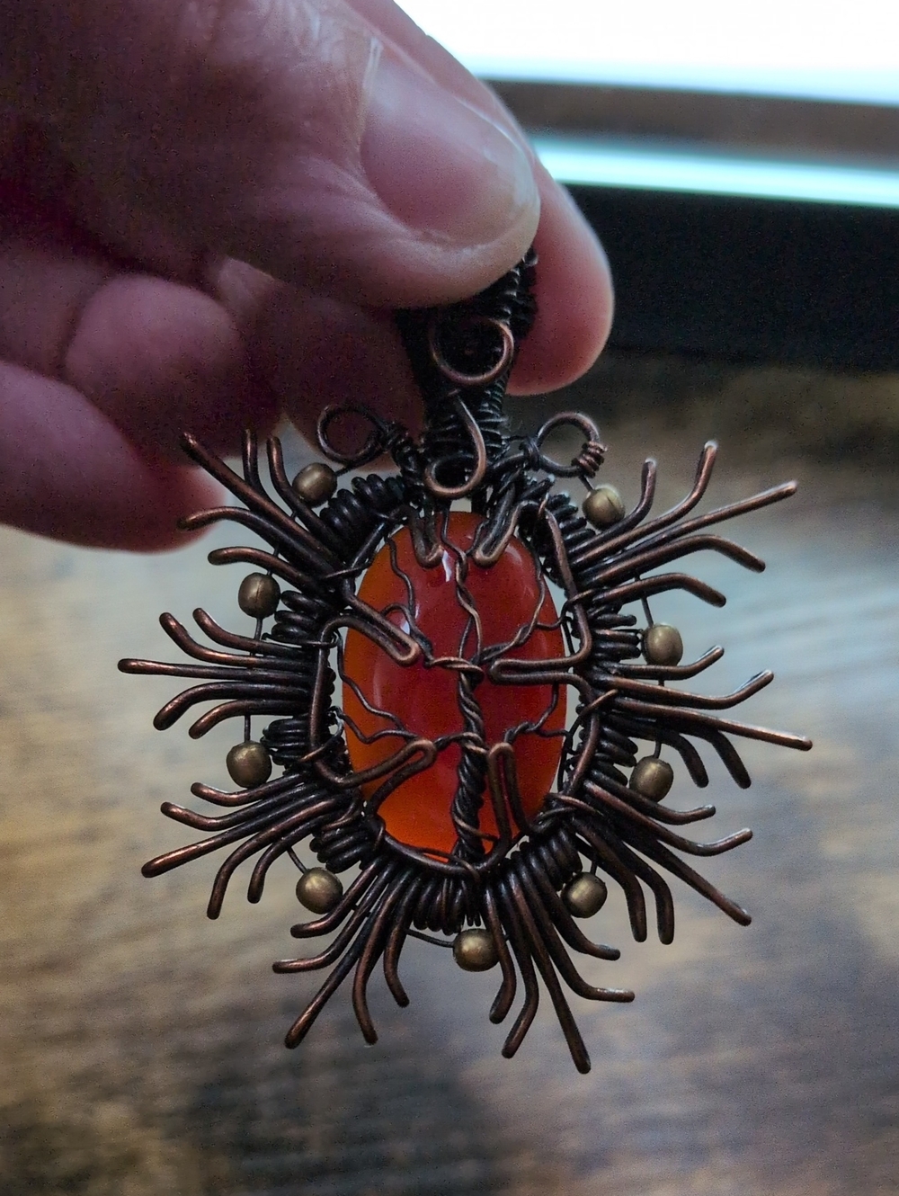 Handcrafted Copper Wire Tree of Life Pendant with Red Carnelian